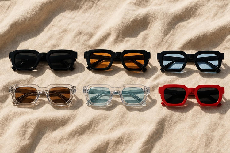 Las seis gafas de sol rectangulares VEYROX sobre lino color arena